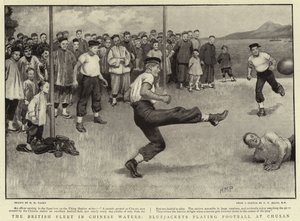 La flota británica en aguas chinas, marineros jugando al fútbol en Chusan de Henry Marriott Paget